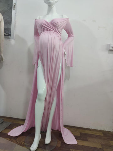 Mqtime Cotton Maternity Dresses for Photo Shoot Sexy Shouldless Ruffle Pregnant Dresses for Women Puff Sleeve Maxi Long Pregnancy Dress